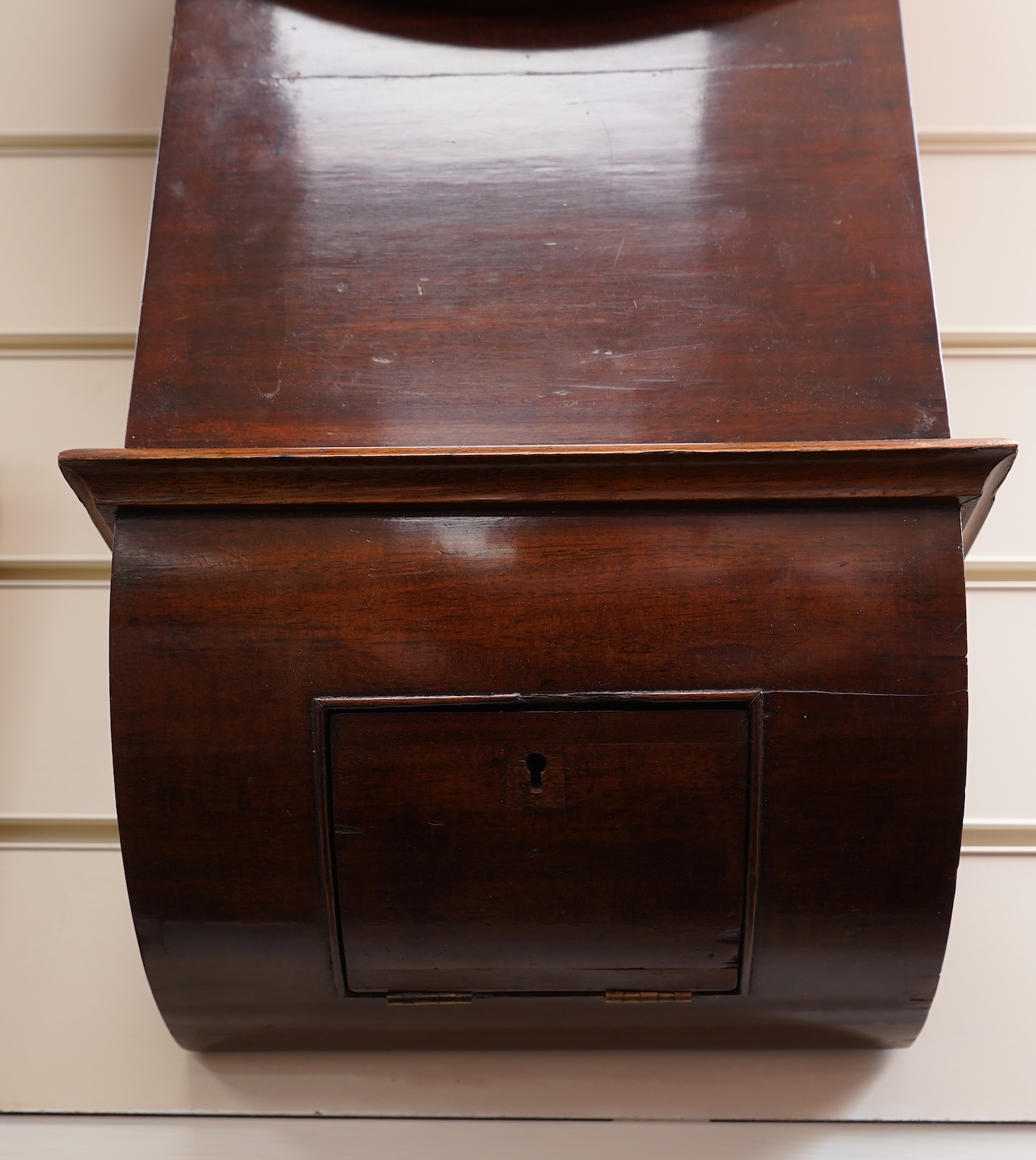 A GWR drop dial railway wall timepiece with fusee movement in a mahogany case, painted 12” dial with ‘shirt button’ GWR monogram and an ivorine plaque pinned to the lower left side of the case engraved with ‘GWR 3746’